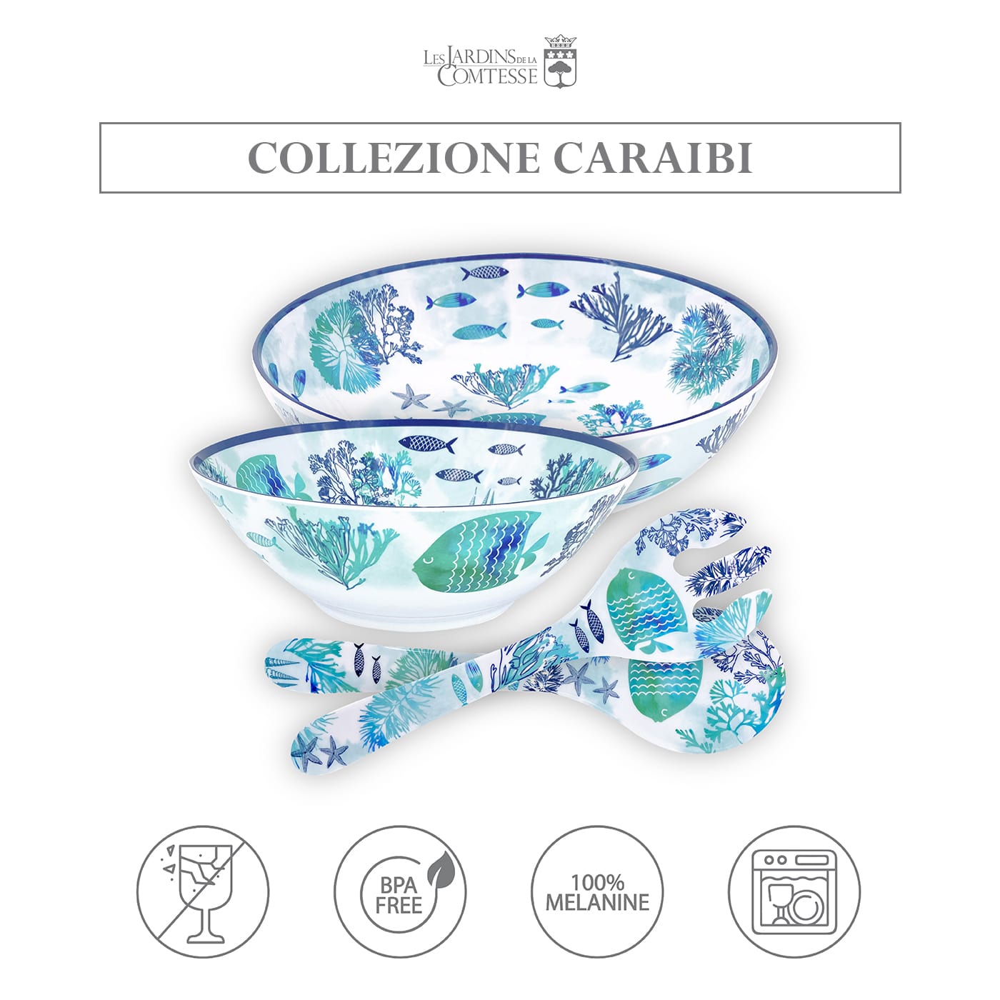 Coppia posate per insalata in melamina disegno del mare - 33 cm