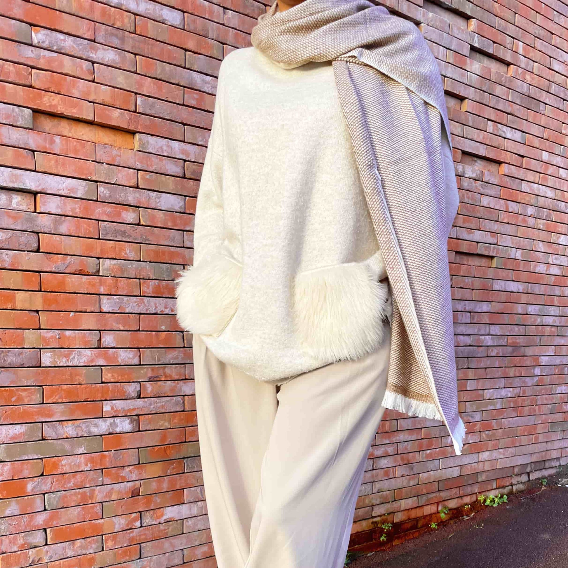 Sciarpa uomo e donna in cashmere e lana 40 x 190 cm - Marrone / Bianco