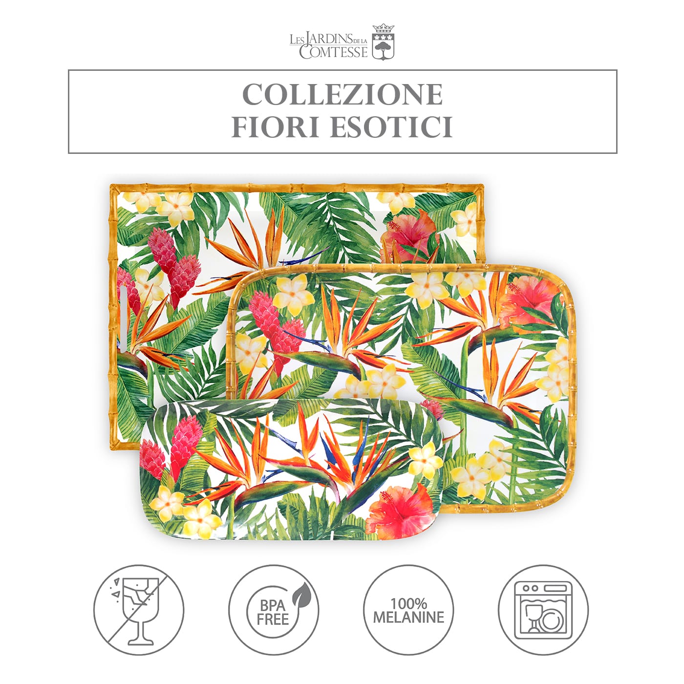 Vassoio Rettangolare con maniglie melamina fiori - 50 cm