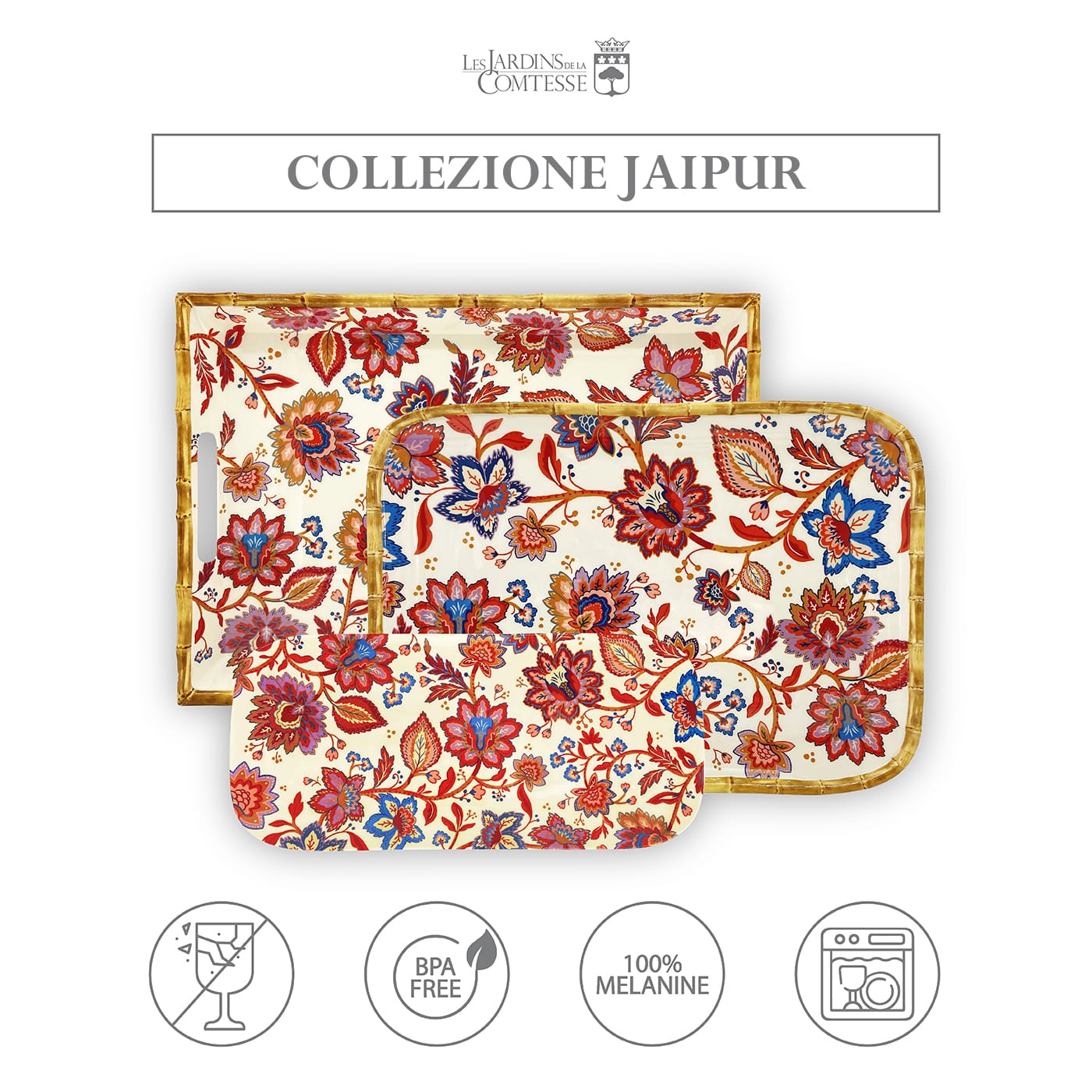 Piatto lungo rettangolare in melamina con fiori indiani - 37,5 cm