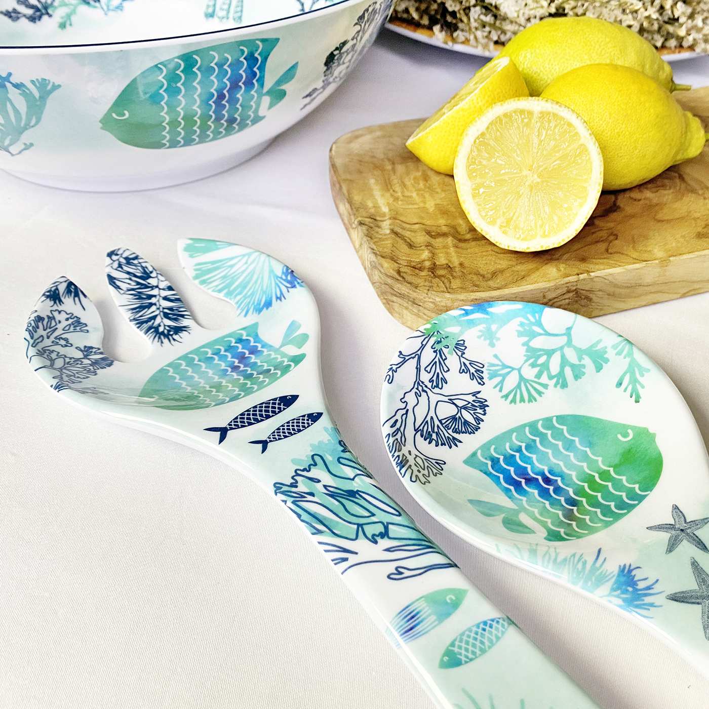 Coppia posate per insalata in melamina disegno del mare - 33 cm