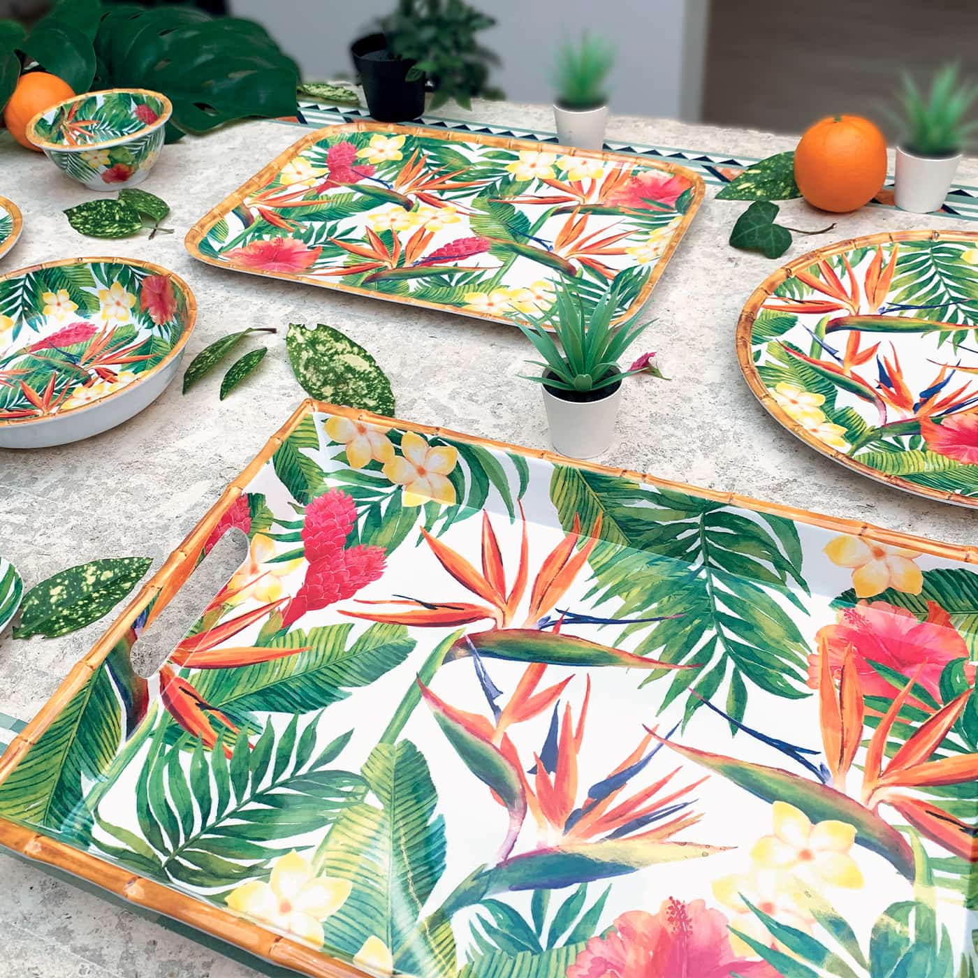 Vassoio Rettangolare con maniglie melamina fiori - 50 cm