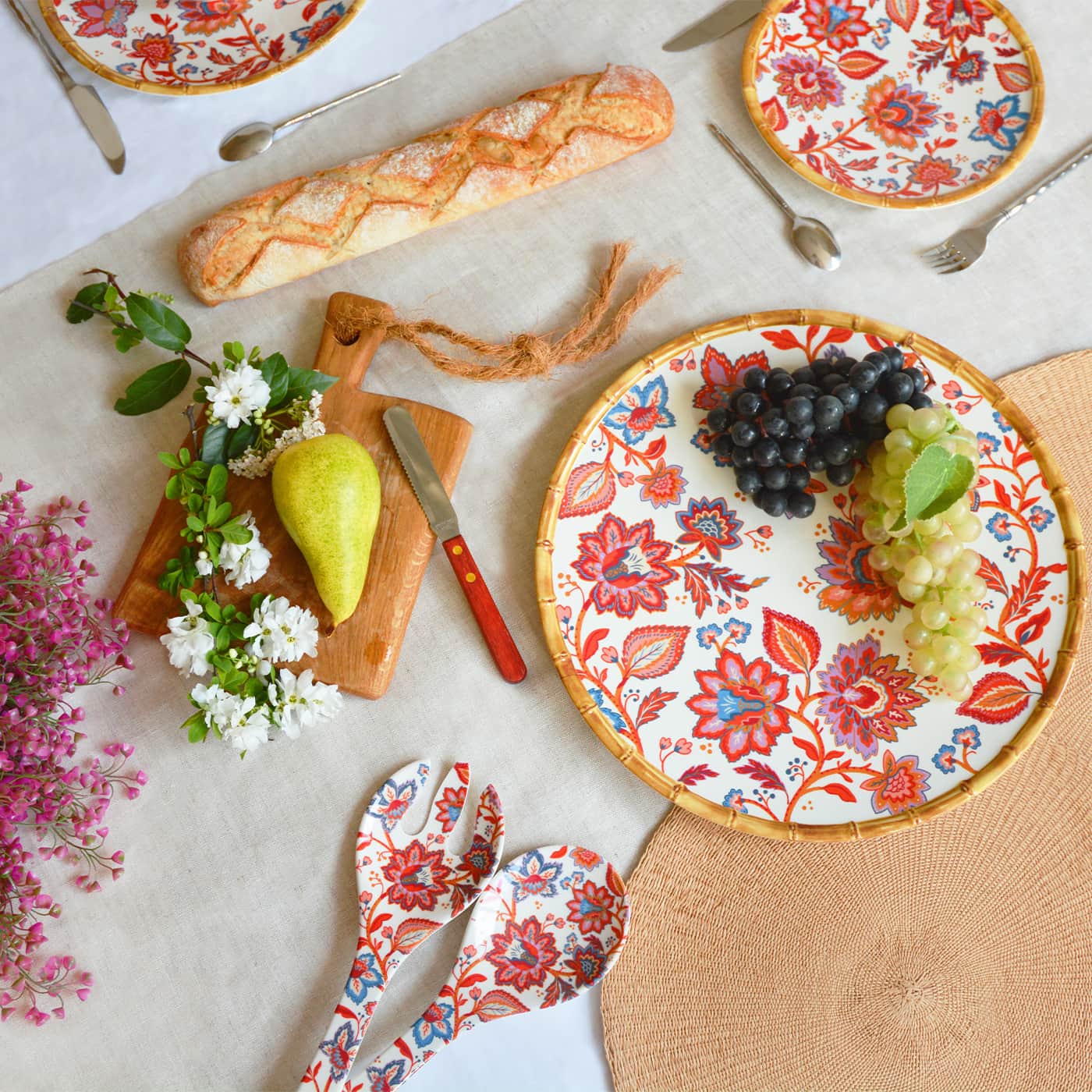 Piatto da portata rotondo in melamina con fiori indiani - Ø 35,5 cm