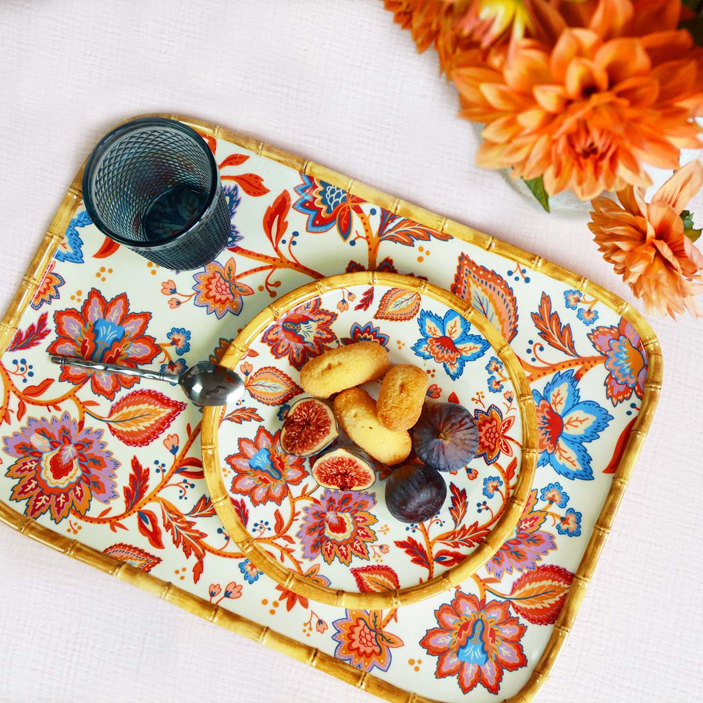 Vassoio rettangolare grande in melamina con fiori indiani - 45 x 32 cm