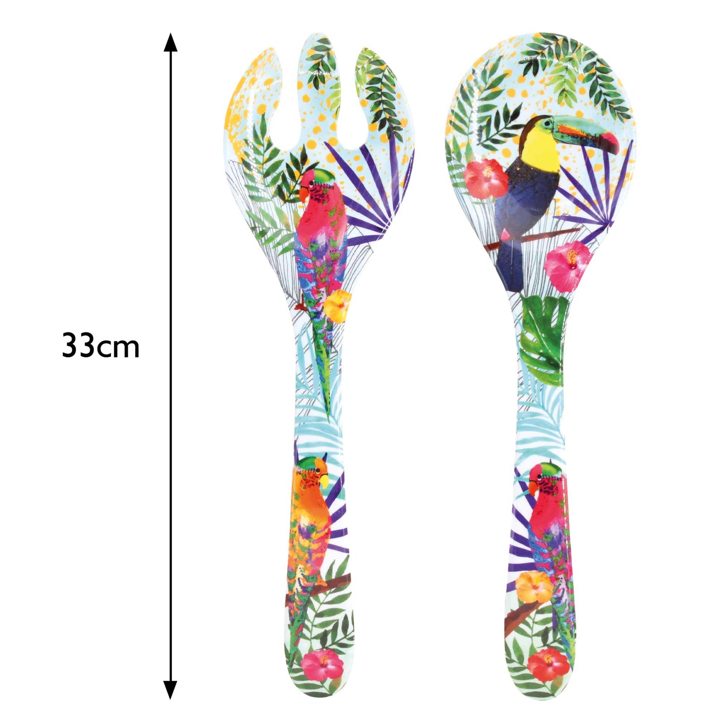 Coppia posate per insalata in melamina con tucani - 33 cm