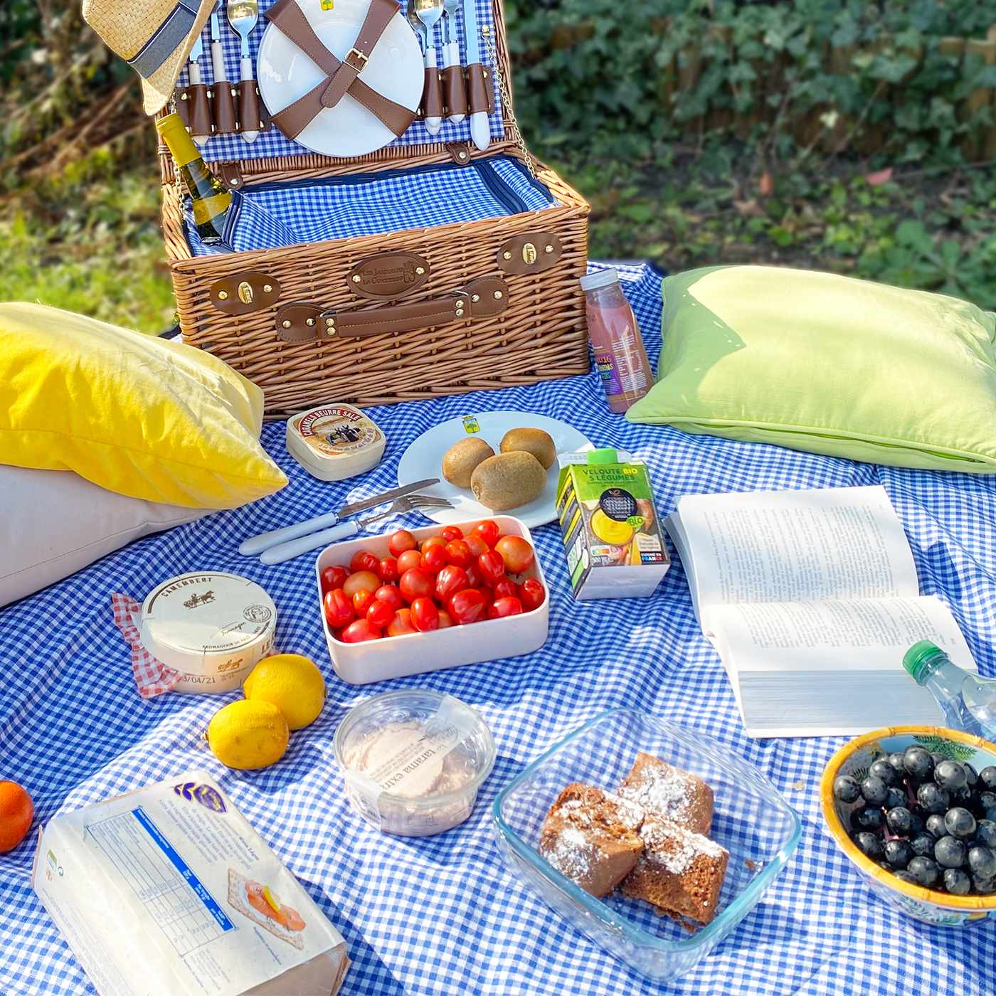 Tovaglia da picnic XL, gingham blu, con risvolto impermeabile (280 x 140 cm)
