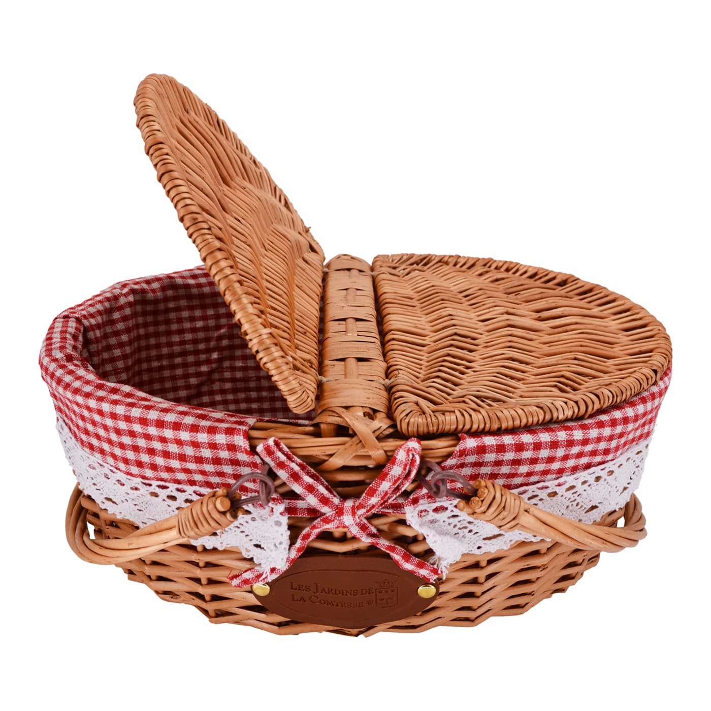 Cestino in vimini con tessuto pizzo vichy rosso