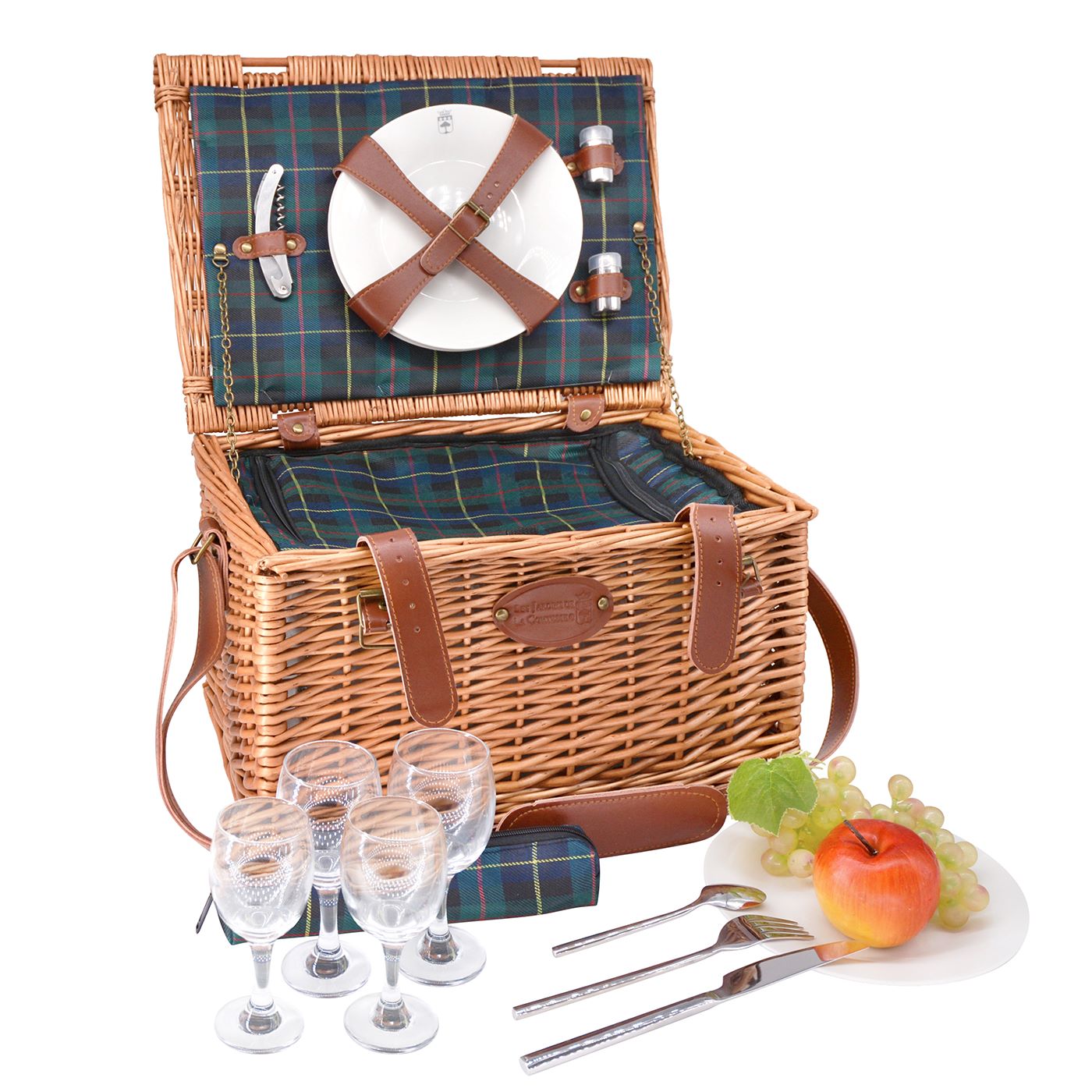 Cestino Da Picnic Gisors In Vimini Per 4 Persone - Con Piatti E Bicchieri - Tessuto Crema - Foto 12