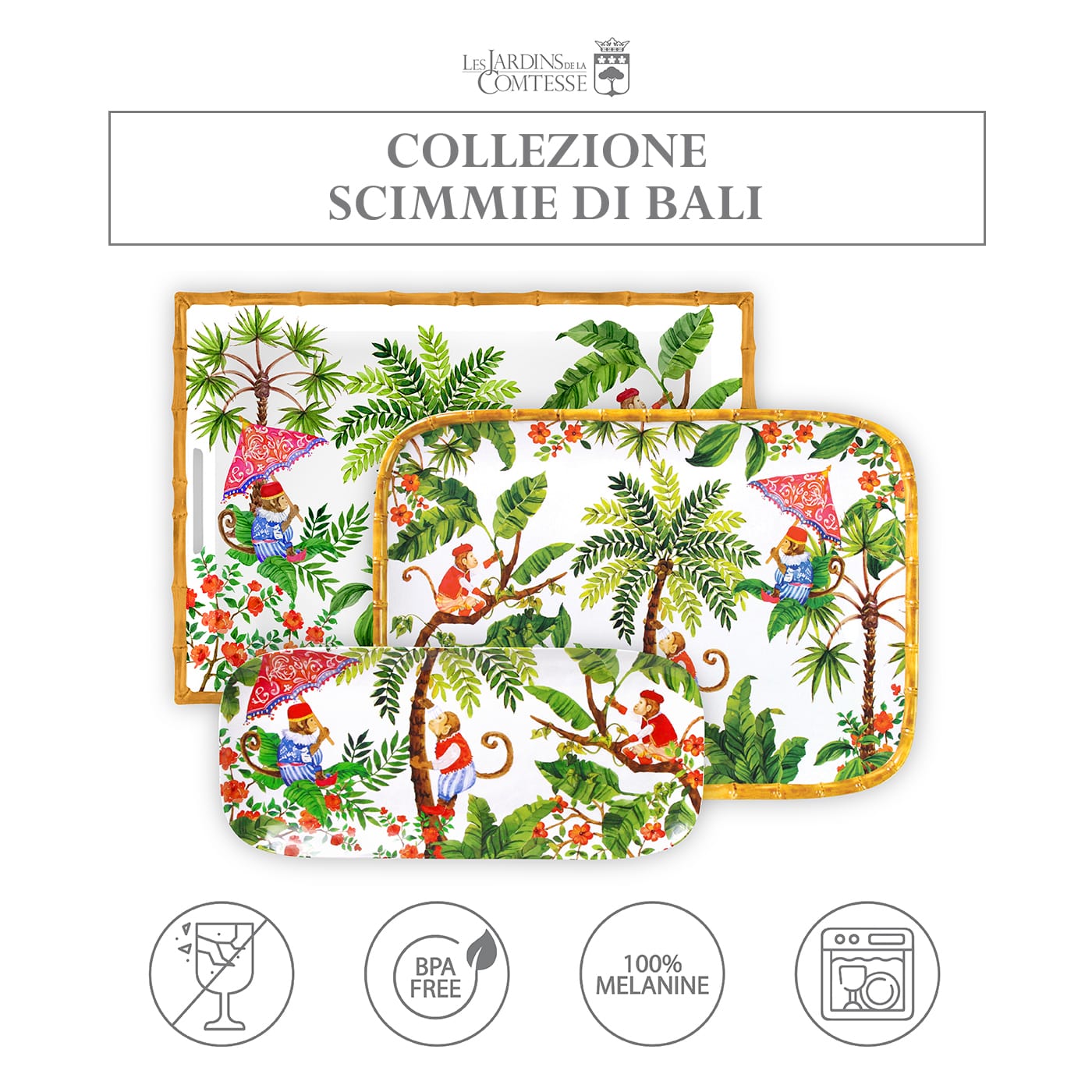 Vassoio Rettangolare con maniglie in melamina scimmie - 50 cm