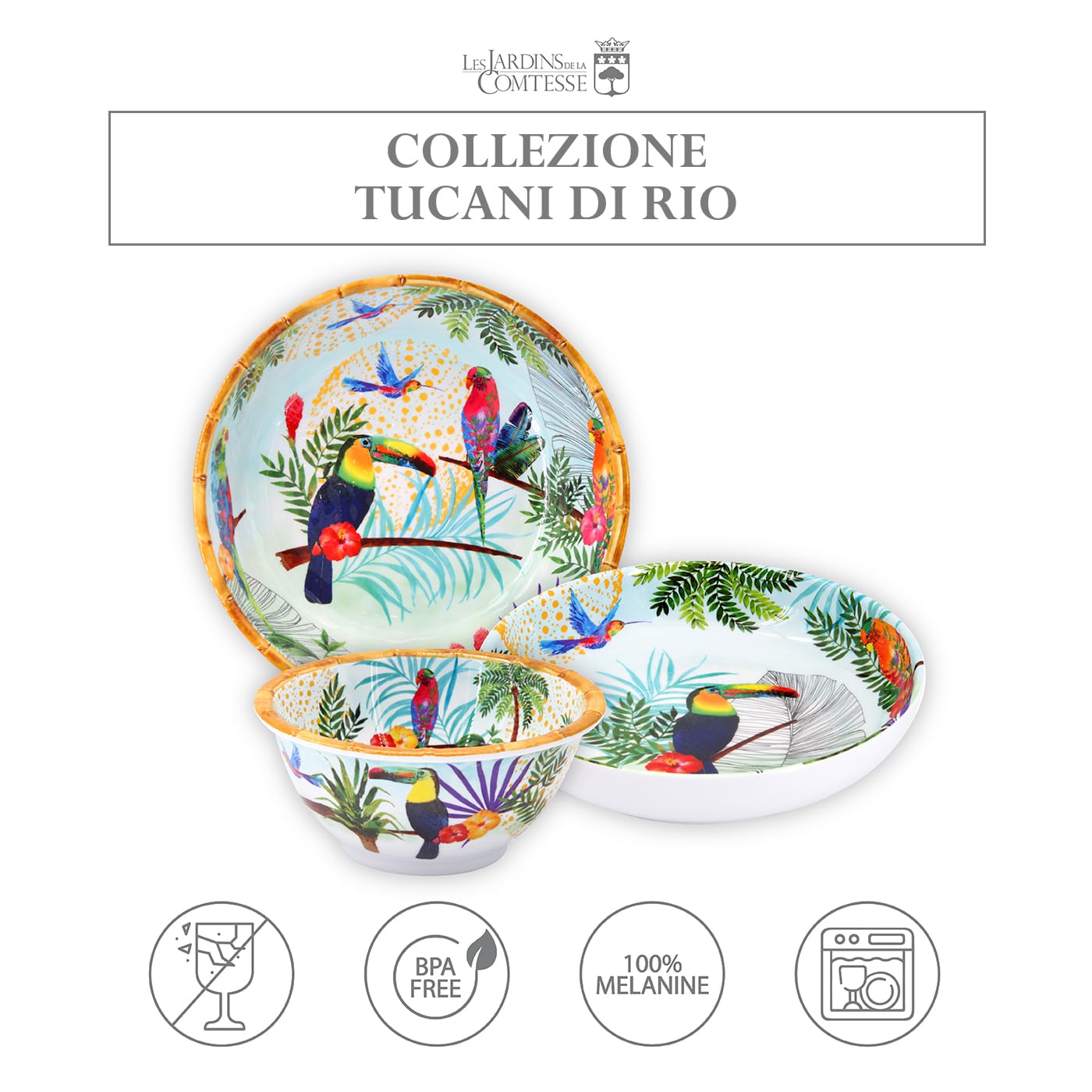 Grande piatto minestra in melamina con tucani - Ø 23 cm