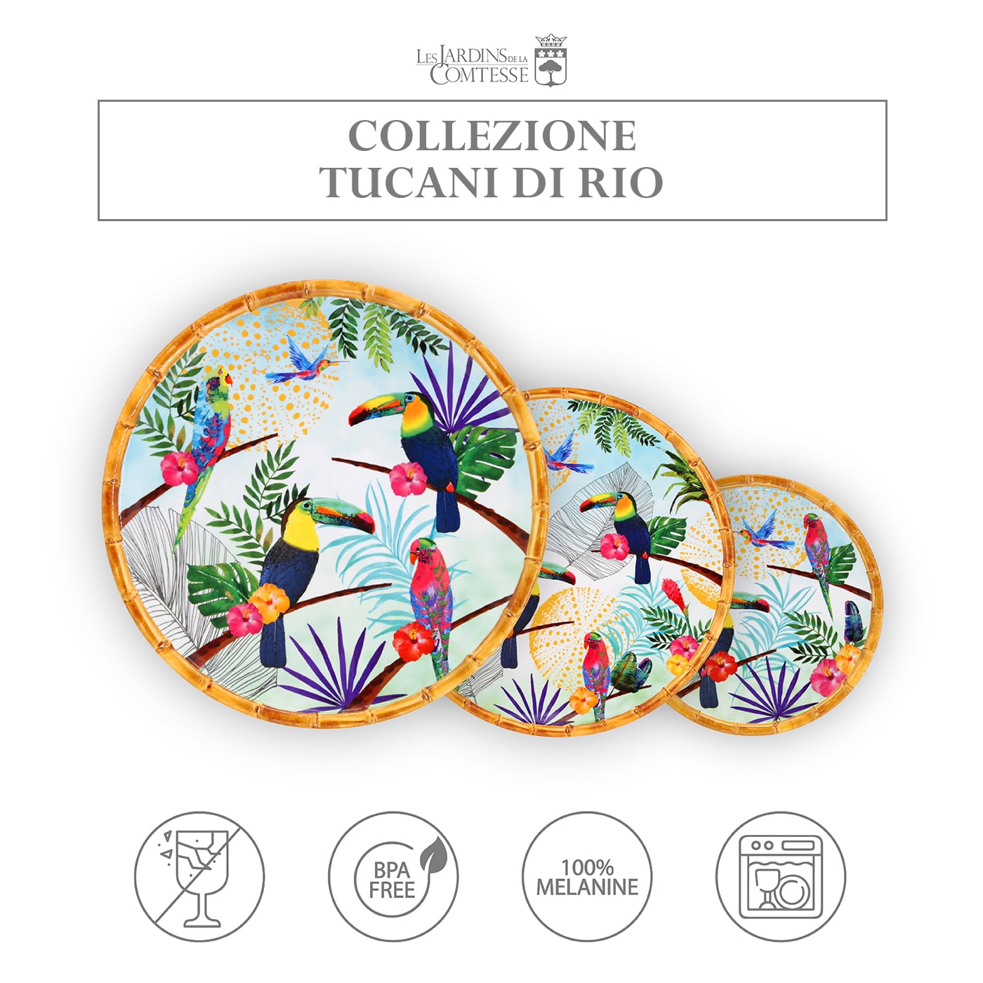 Piatto Piano in melamina quasi infrangibile con tucani - Ø 28 cm