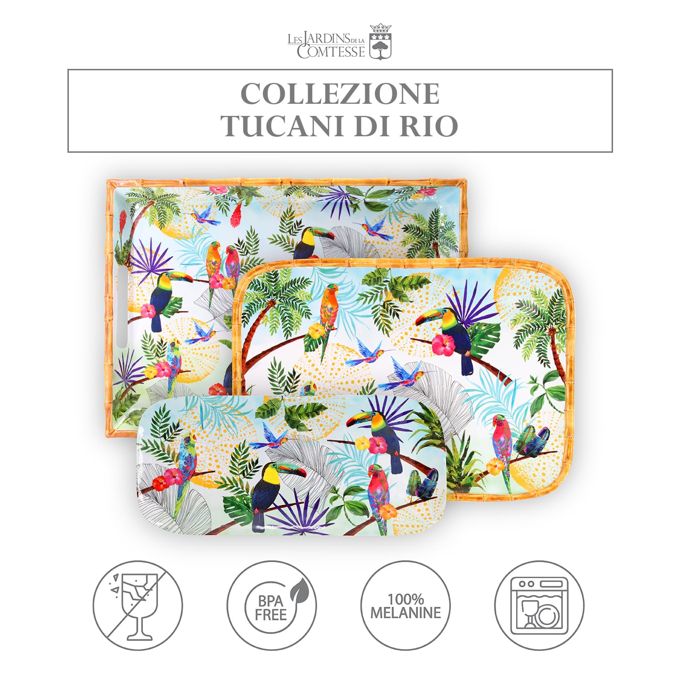 Vassoio Rettangolare con maniglie melamina con tucani - 50 cm