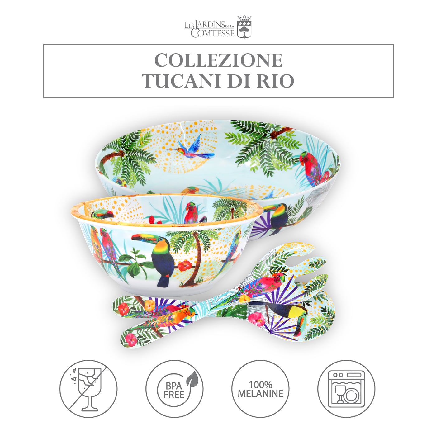 Insalatiera Grande Fonda in pura melamina con tucani - Ø 25 cm