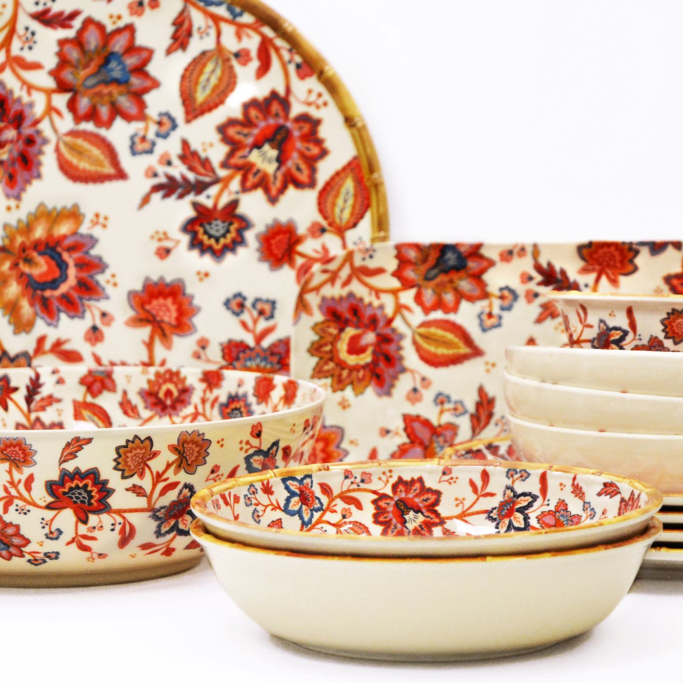 Piatto lungo rettangolare in melamina con fiori indiani - 37,5 cm