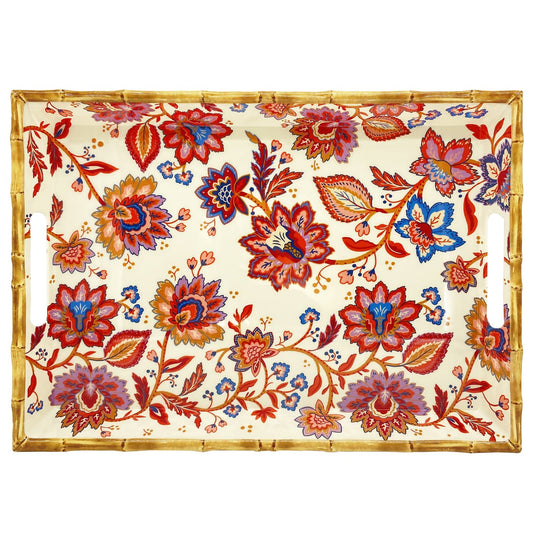 Vassoio grande in melamina con manici di fiori indiani - 50 x 36 x 5 cm