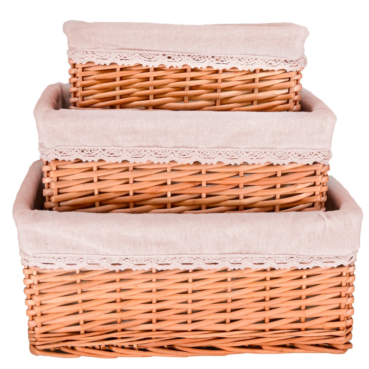 Set di 3 ceste in vimini - Tessuto beige