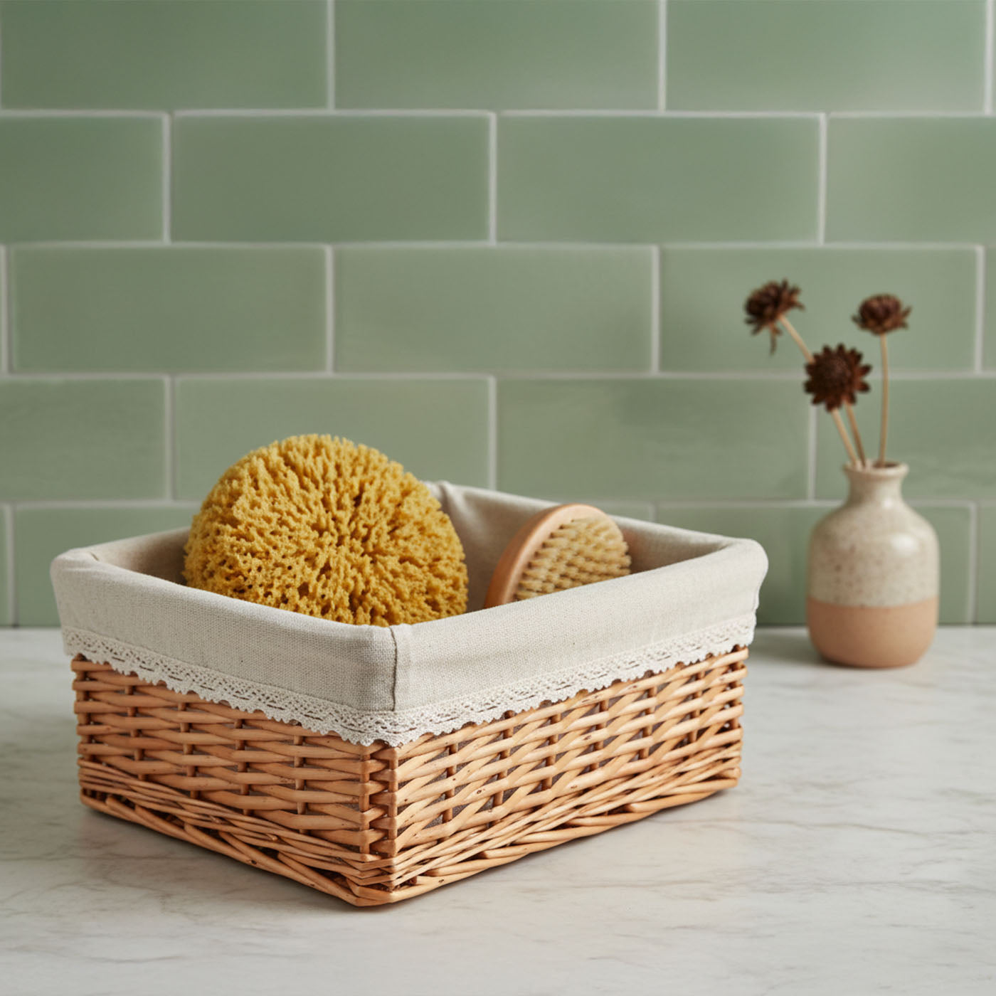Set di 3 ceste in vimini - Tessuto beige