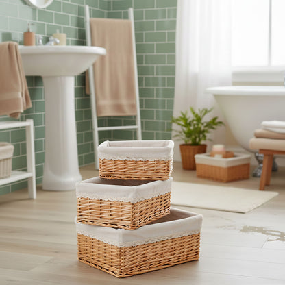 Set di 3 ceste in vimini - Tessuto beige