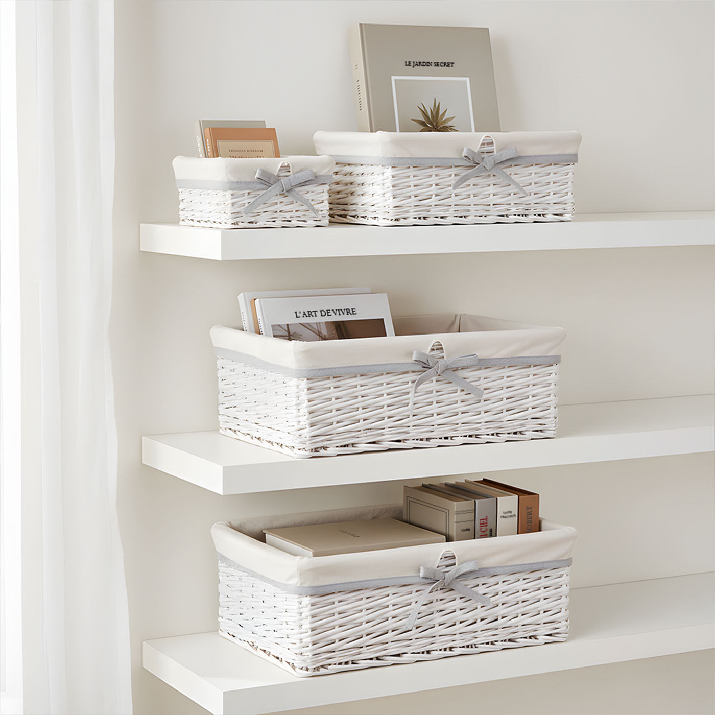 Set di 4 ceste portaoggetti in vimini bianco - Tessuto bianco