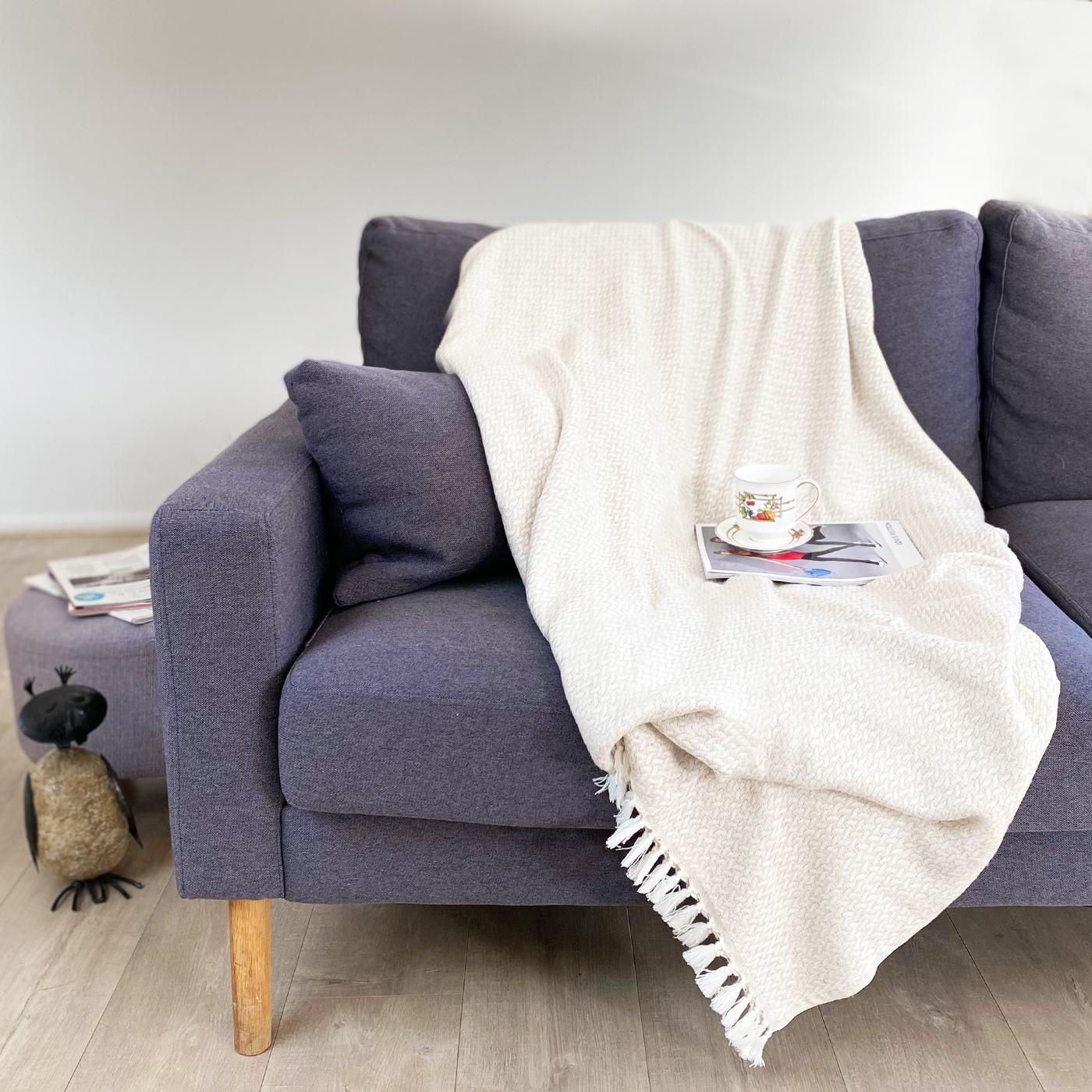 Plaid comfort cashmere e lana, motivo chevron piccolo avorio - 130 x 230 cm