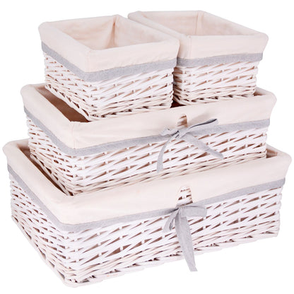 Set di 4 ceste portaoggetti in vimini bianco - Tessuto bianco